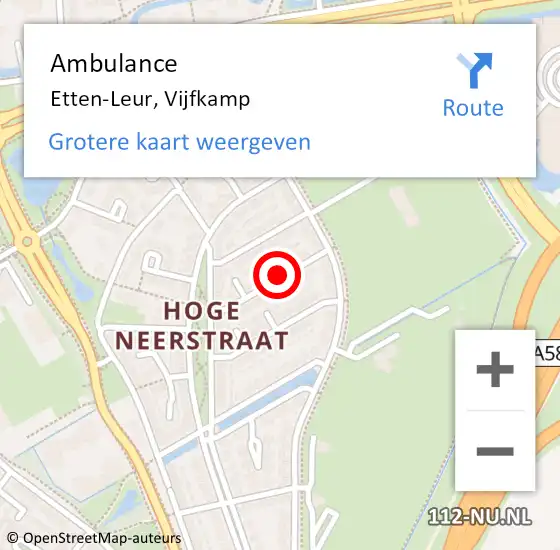 Locatie op kaart van de 112 melding: Ambulance Etten-Leur, Vijfkamp op 22 juni 2018 15:07
