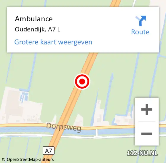 Locatie op kaart van de 112 melding: Ambulance Oudendijk, A7 R op 22 juni 2018 15:45