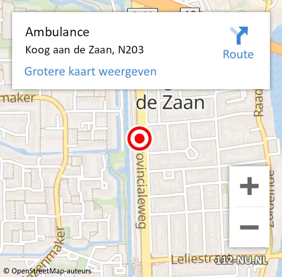 Locatie op kaart van de 112 melding: Ambulance Koog aan de Zaan, N203 op 22 juni 2018 19:56