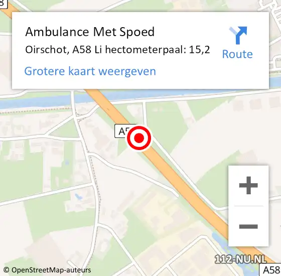 Locatie op kaart van de 112 melding: Ambulance Met Spoed Naar Oirschot, A58 Li hectometerpaal: 15,2 op 24 juni 2018 14:03
