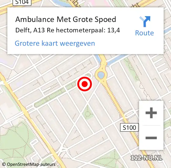 Locatie op kaart van de 112 melding: Ambulance Met Grote Spoed Naar Delft, A13 Re hectometerpaal: 13,8 op 25 juni 2018 02:57