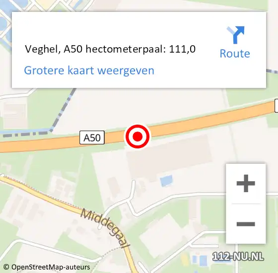 Locatie op kaart van de 112 melding:  Veghel, A50 hectometerpaal: 111,0 op 25 juni 2018 17:39