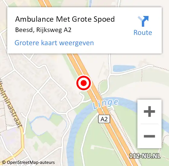 Locatie op kaart van de 112 melding: Ambulance Met Grote Spoed Naar Beesd, A2 R hectometerpaal: 85,8 op 25 juni 2018 23:51