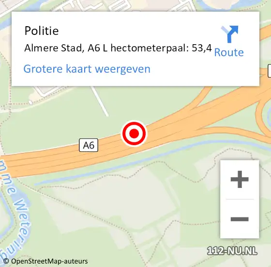 Locatie op kaart van de 112 melding: Politie Almere, A6 R hectometerpaal: 56,0 op 26 juni 2018 18:14