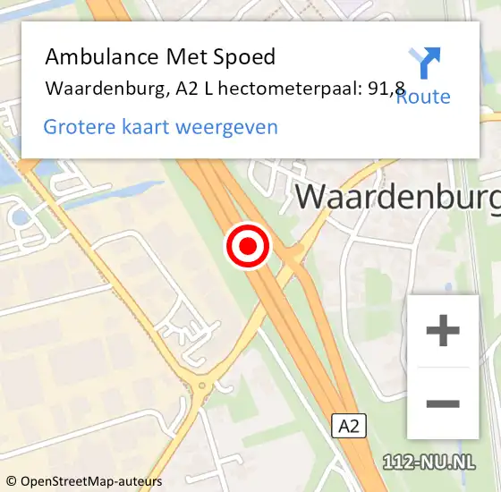 Locatie op kaart van de 112 melding: Ambulance Met Spoed Naar Waardenburg, A2 L hectometerpaal: 91,8 op 27 juni 2018 03:33