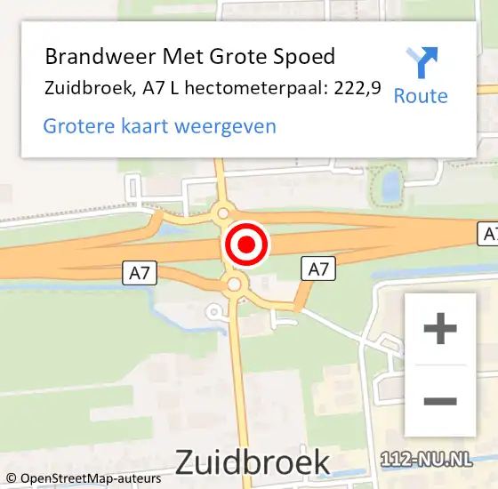 Locatie op kaart van de 112 melding: Brandweer Met Grote Spoed Naar Zuidbroek, A7 R hectometerpaal: 223,3 op 27 juni 2018 10:04