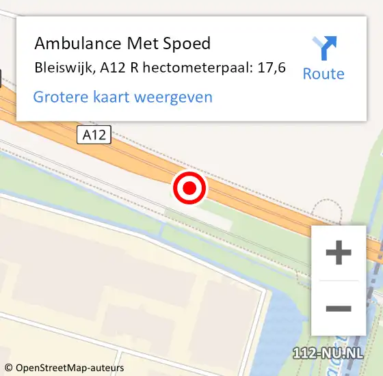 Locatie op kaart van de 112 melding: Ambulance Met Spoed Naar Bleiswijk, A12 R hectometerpaal: 17,6 op 28 juni 2018 15:55