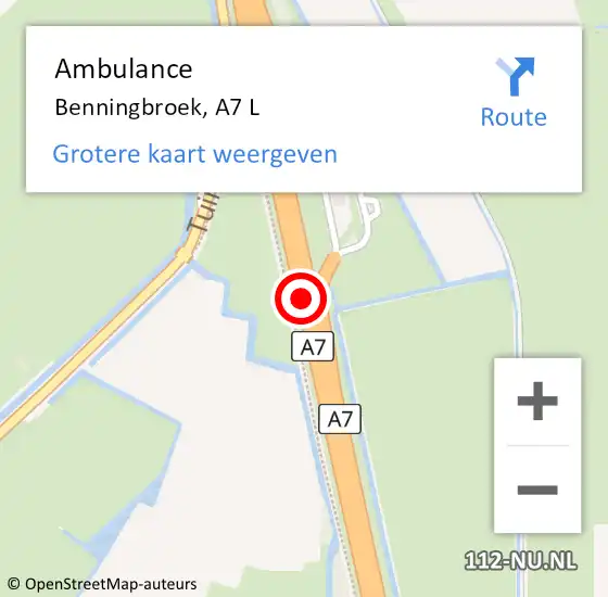 Locatie op kaart van de 112 melding: Ambulance Benningbroek, A7 L op 28 juni 2018 16:02