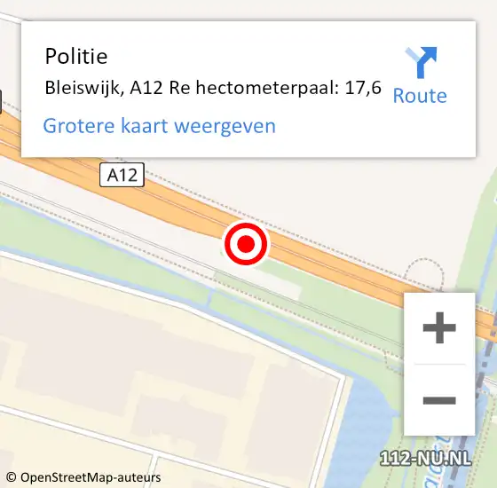 Locatie op kaart van de 112 melding: Politie Bleiswijk, A12 Re hectometerpaal: 17,6 op 28 juni 2018 16:18