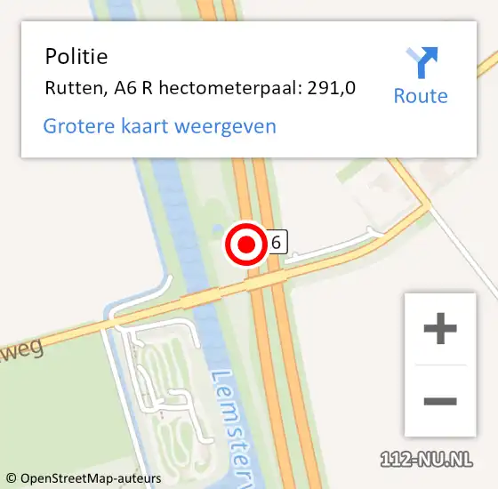 Locatie op kaart van de 112 melding: Politie Rutten, A6 L hectometerpaal: 293,1 op 29 juni 2018 07:30