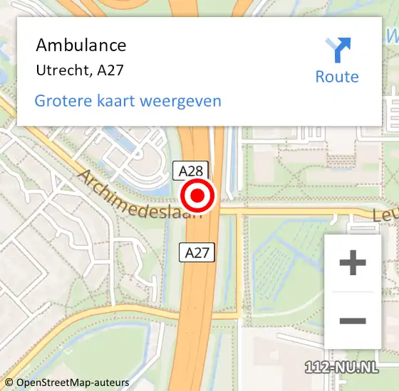 Locatie op kaart van de 112 melding: Ambulance Utrecht, A27 op 29 juni 2018 22:54