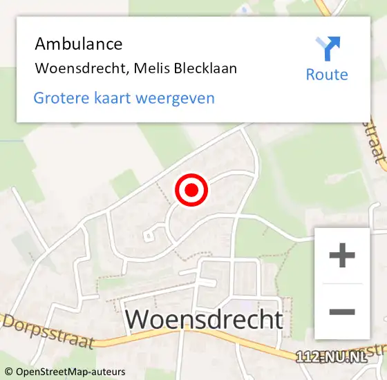 Locatie op kaart van de 112 melding: Ambulance Woensdrecht, Melis Blecklaan op 1 juli 2018 10:45