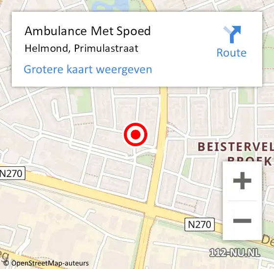 Locatie op kaart van de 112 melding: Ambulance Met Spoed Naar Helmond, Primulastraat op 1 juli 2018 15:09