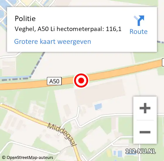 Locatie op kaart van de 112 melding: Politie Veghel, A50 Li hectometerpaal: 117,1 op 2 juli 2018 08:37