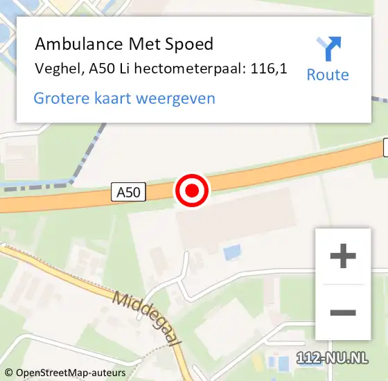 Locatie op kaart van de 112 melding: Ambulance Met Spoed Naar Veghel, A50 Li hectometerpaal: 117,1 op 2 juli 2018 08:43