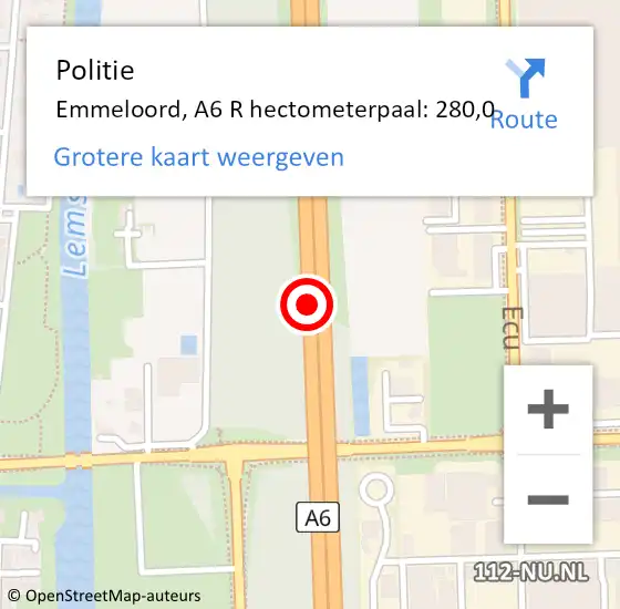 Locatie op kaart van de 112 melding: Politie Emmeloord, A6 R hectometerpaal: 111,5 op 2 juli 2018 09:37