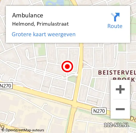 Locatie op kaart van de 112 melding: Ambulance Helmond, Primulastraat op 2 juli 2018 16:57