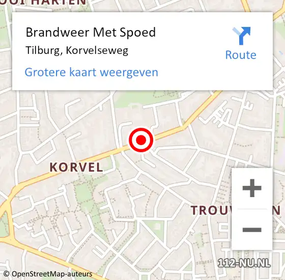 Locatie op kaart van de 112 melding: Brandweer Met Spoed Naar Tilburg, Korvelseweg op 3 juli 2018 12:53