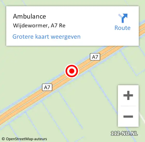 Locatie op kaart van de 112 melding: Ambulance Wijdewormer, A7 Re op 3 juli 2018 17:22
