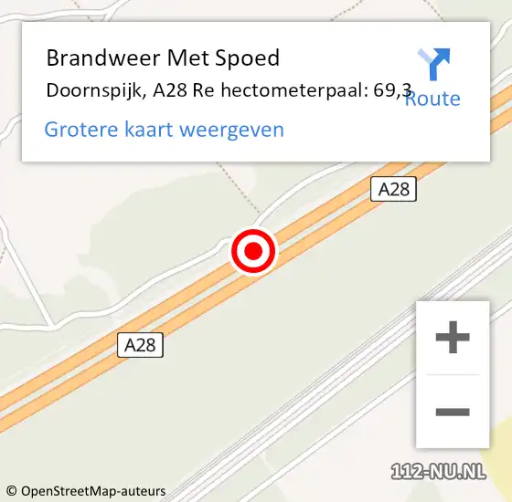 Locatie op kaart van de 112 melding: Brandweer Met Spoed Naar Doornspijk, A28 Re hectometerpaal: 69,3 op 4 juli 2018 14:04