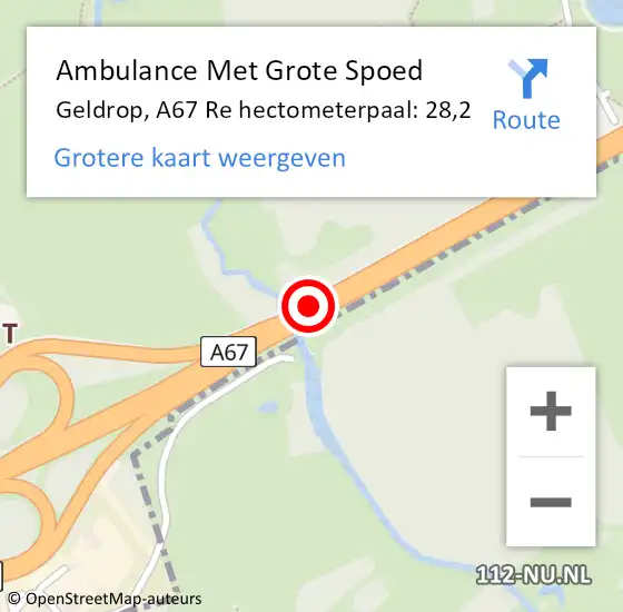 Locatie op kaart van de 112 melding: Ambulance Met Grote Spoed Naar Geldrop, A67 Li hectometerpaal: 27,5 op 5 juli 2018 10:43