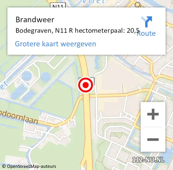 Locatie op kaart van de 112 melding: Brandweer Bodegraven, N11 R hectometerpaal: 20,5 op 6 juli 2018 18:04