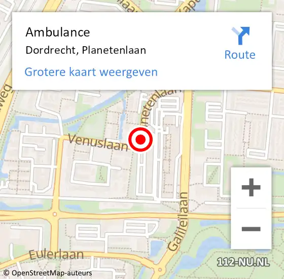 Locatie op kaart van de 112 melding: Ambulance Dordrecht, Planetenlaan op 7 juli 2018 11:08