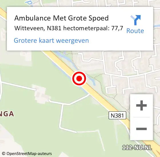 Locatie op kaart van de 112 melding: Ambulance Met Grote Spoed Naar Witteveen, N381 hectometerpaal: 77,7 op 7 juli 2018 11:31