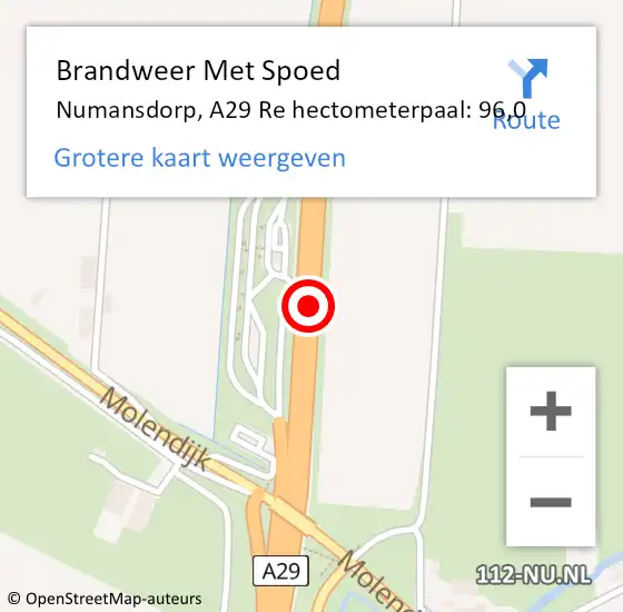 Locatie op kaart van de 112 melding: Brandweer Met Spoed Naar Numansdorp, A29 Re hectometerpaal: 96,0 op 8 juli 2018 16:50