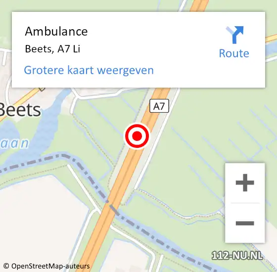 Locatie op kaart van de 112 melding: Ambulance Beets, A7 Li op 9 juli 2018 08:15