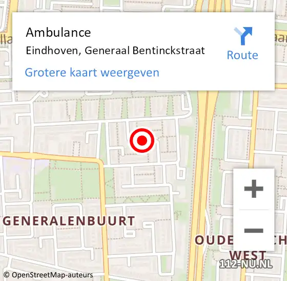 Locatie op kaart van de 112 melding: Ambulance Eindhoven, Generaal Bentinckstraat op 9 juli 2018 14:12