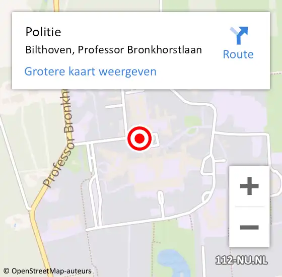 Locatie op kaart van de 112 melding: Politie Bilthoven, Professor Bronkhorstlaan op 9 juli 2018 14:37