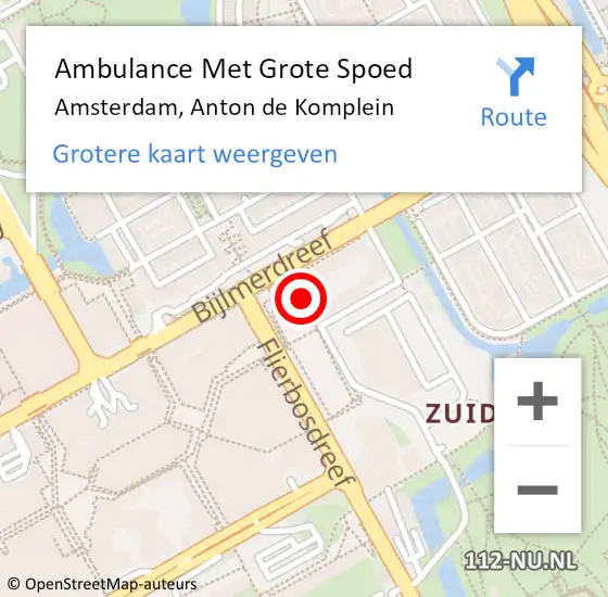 Locatie op kaart van de 112 melding: Ambulance Met Grote Spoed Naar Amsterdam, Anton De Komplein op 9 juli 2018 15:32