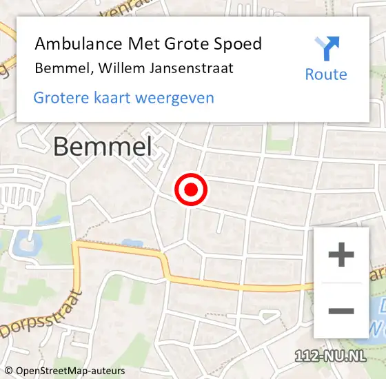 Locatie op kaart van de 112 melding: Ambulance Met Grote Spoed Naar Bemmel, Willem Jansenstraat op 10 juli 2018 21:27