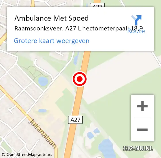 Locatie op kaart van de 112 melding: Ambulance Met Spoed Naar Raamsdonksveer, A27 Re hectometerpaal: 18,7 op 11 juli 2018 13:29