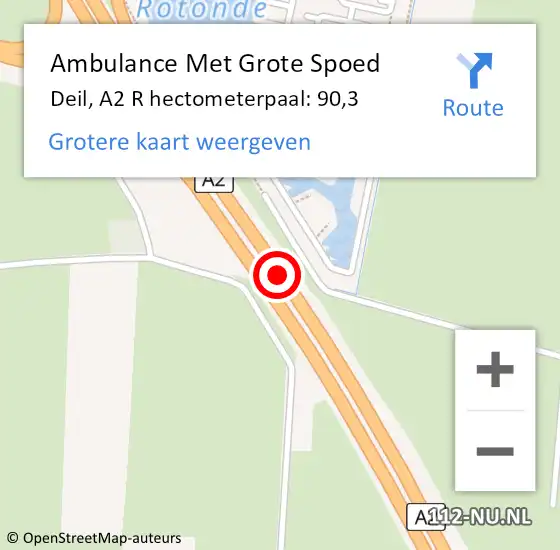 Locatie op kaart van de 112 melding: Ambulance Met Grote Spoed Naar Deil, A2 R hectometerpaal: 90,3 op 11 juli 2018 17:36