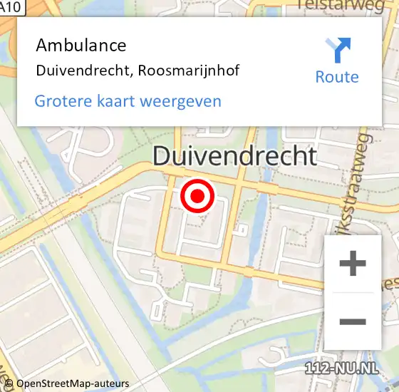 Locatie op kaart van de 112 melding: Ambulance Duivendrecht, Roosmarijnhof op 12 juli 2018 10:57