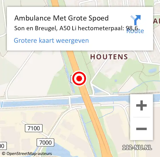 Locatie op kaart van de 112 melding: Ambulance Met Grote Spoed Naar Son en Breugel, A50 Li hectometerpaal: 98,6 op 12 juli 2018 17:24