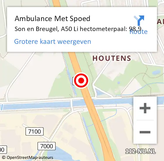 Locatie op kaart van de 112 melding: Ambulance Met Spoed Naar Son en Breugel, A50 Li hectometerpaal: 98,6 op 12 juli 2018 17:25