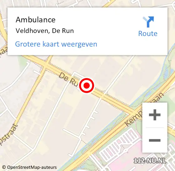 Locatie op kaart van de 112 melding: Ambulance Veldhoven, De Run op 14 juli 2018 10:36