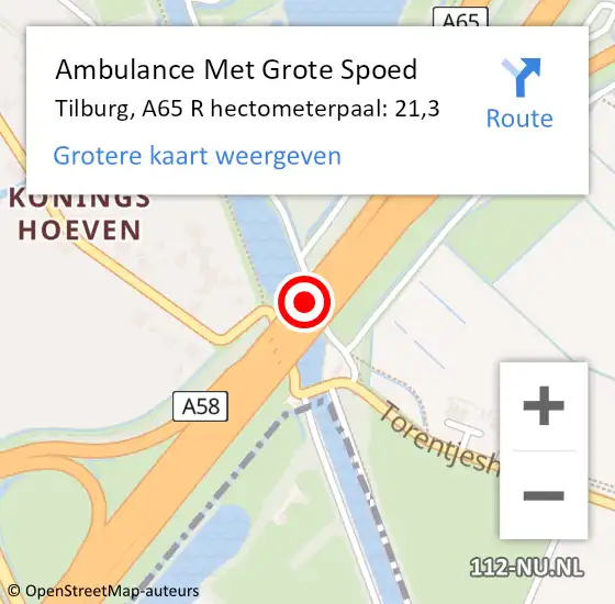 Locatie op kaart van de 112 melding: Ambulance Met Grote Spoed Naar Tilburg, A65 Re hectometerpaal: 23,0 op 14 juli 2018 11:29