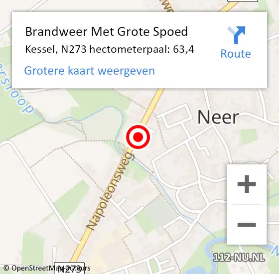 Locatie op kaart van de 112 melding: Brandweer Met Grote Spoed Naar Kessel, N273 hectometerpaal: 63,4 op 14 juli 2018 16:10