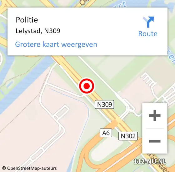 Locatie op kaart van de 112 melding: Politie Lelystad, N309 op 15 juli 2018 19:43