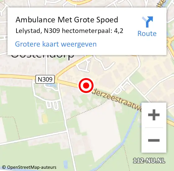 Locatie op kaart van de 112 melding: Ambulance Met Grote Spoed Naar Lelystad, N309 hectometerpaal: 4,2 op 15 juli 2018 19:46