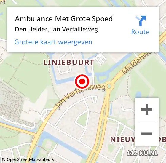 Locatie op kaart van de 112 melding: Ambulance Met Grote Spoed Naar Den Helder, Jan Verfailleweg op 16 juli 2018 00:07