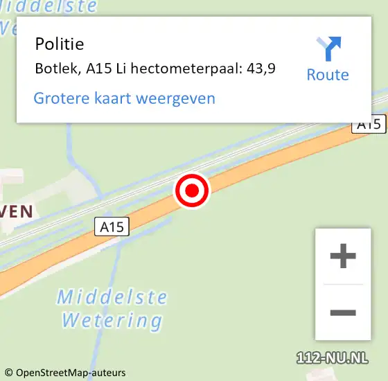 Locatie op kaart van de 112 melding: Politie Botlek, A15 Li hectometerpaal: 43,9 op 16 juli 2018 06:59