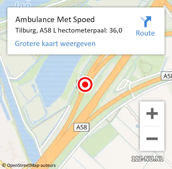 Locatie op kaart van de 112 melding: Ambulance Met Spoed Naar Tilburg, A58 Li hectometerpaal: 42,9 op 16 juli 2018 17:23