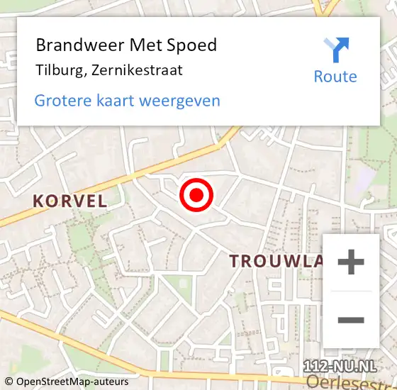 Locatie op kaart van de 112 melding: Brandweer Met Spoed Naar Tilburg, Zernikestraat op 16 juli 2018 19:35