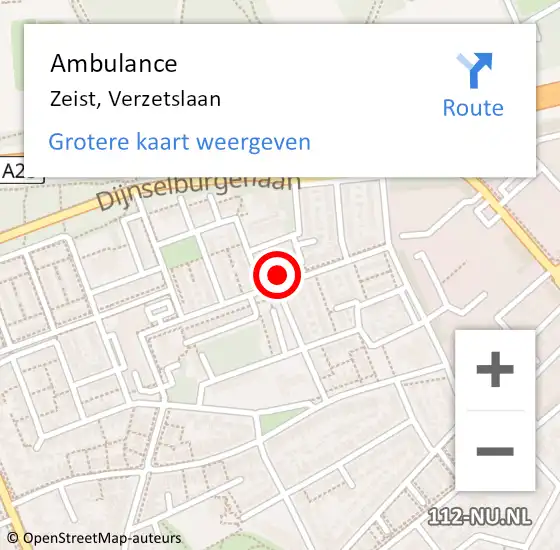 Locatie op kaart van de 112 melding: Ambulance Zeist, Verzetslaan op 16 juli 2018 21:50