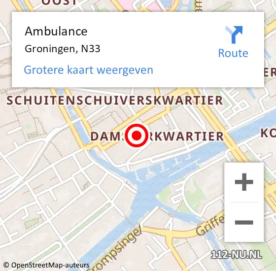 Locatie op kaart van de 112 melding: Ambulance Groningen, N33 op 17 juli 2018 16:25